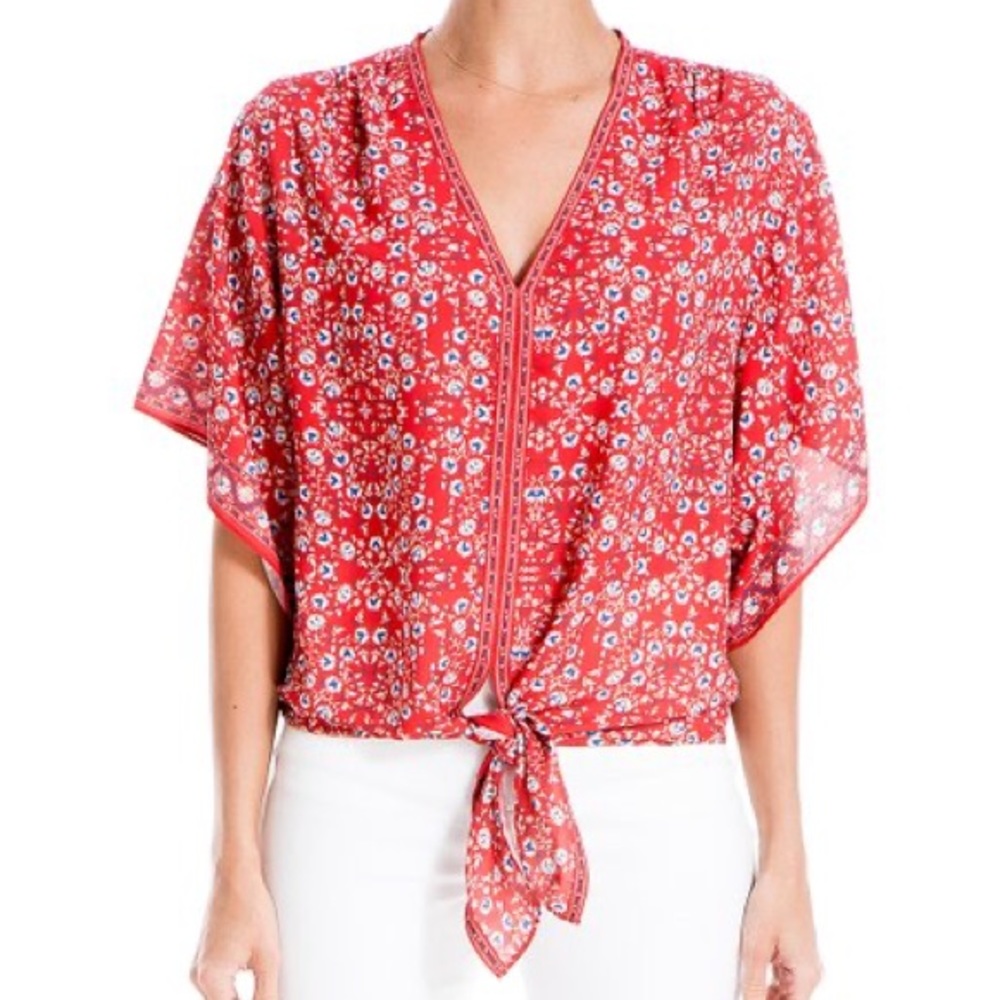 Max Studio Red & Blue Floral Cape-Sleeve Tie-Hem Top Blouse